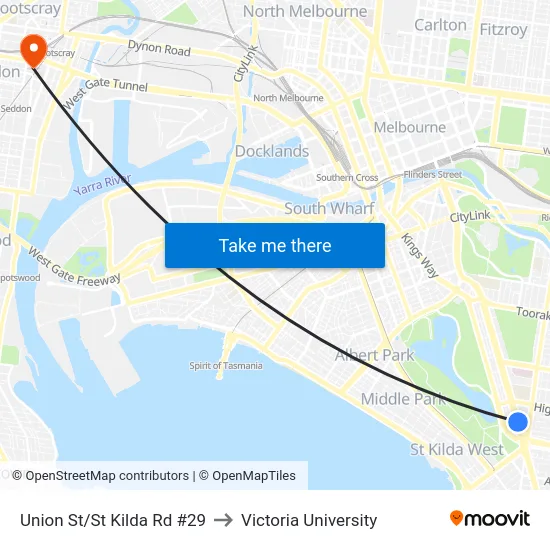 Union St/St Kilda Rd #29 to Victoria University map