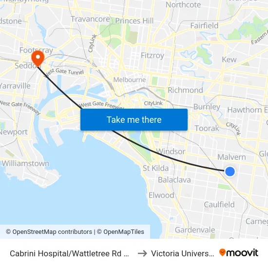 Cabrini Hospital/Wattletree Rd #47 to Victoria University map