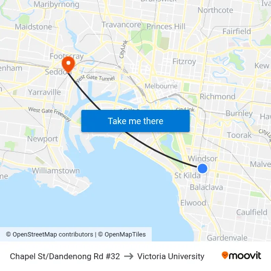 Chapel St/Dandenong Rd #32 to Victoria University map