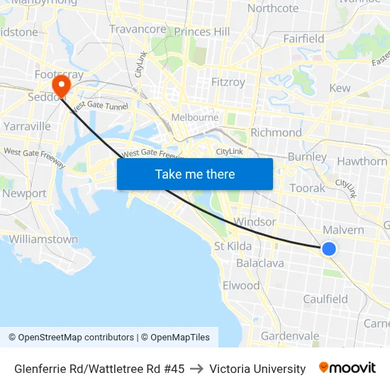 Glenferrie Rd/Wattletree Rd #45 to Victoria University map