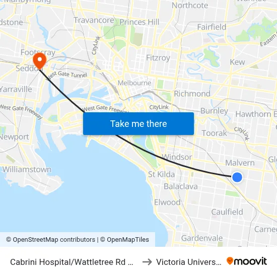 Cabrini Hospital/Wattletree Rd #47 to Victoria University map