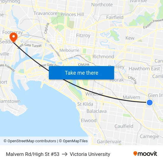Malvern Rd/High St #53 to Victoria University map
