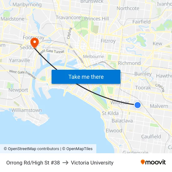Orrong Rd/High St #38 to Victoria University map
