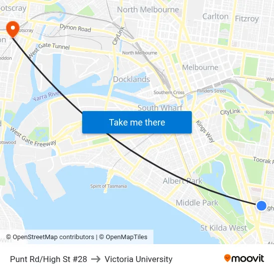 Punt Rd/High St #28 to Victoria University map