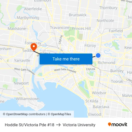 Hoddle St/Victoria Pde #18 to Victoria University map