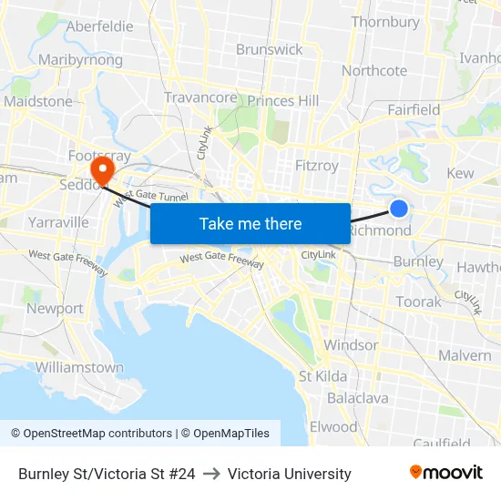 Burnley St/Victoria St #24 to Victoria University map