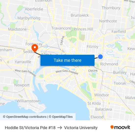 Hoddle St/Victoria Pde #18 to Victoria University map