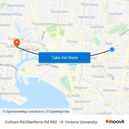 Cotham Rd/Glenferrie Rd #80 to Victoria University map