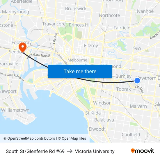 South St/Glenferrie Rd #69 to Victoria University map