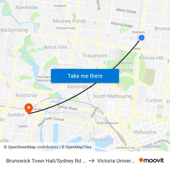 Brunswick Town Hall/Sydney Rd #21 to Victoria University map