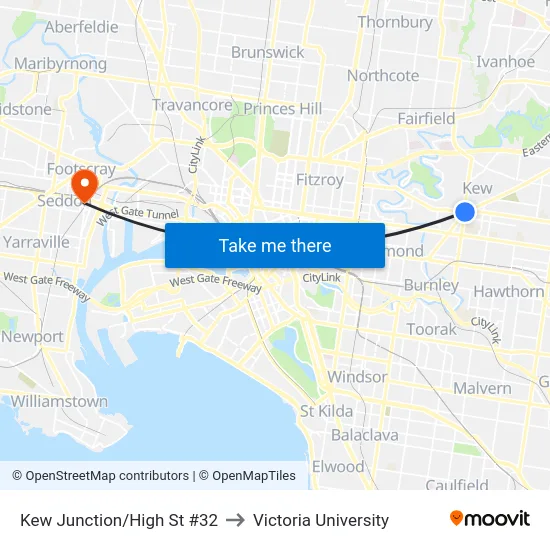 Kew Junction/High St #32 to Victoria University map