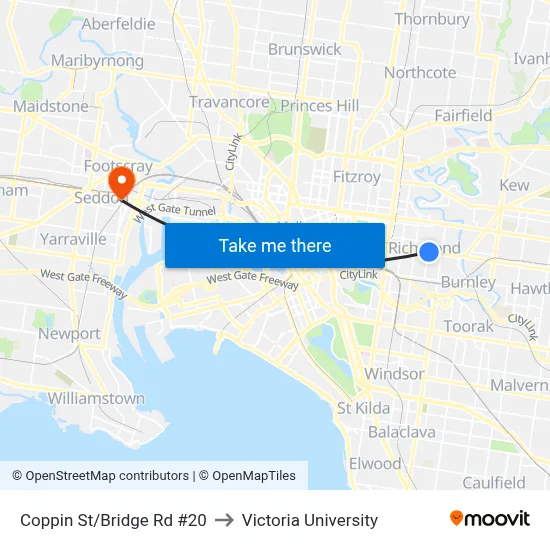 Coppin St/Bridge Rd #20 to Victoria University map