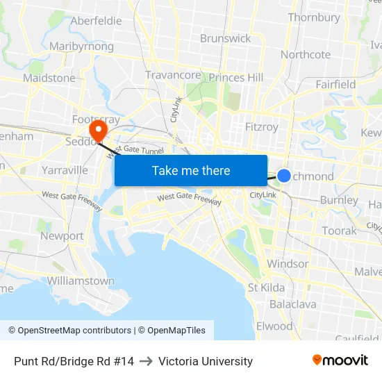 Punt Rd/Bridge Rd #14 to Victoria University map
