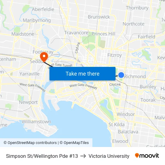 Simpson St/Wellington Pde #13 to Victoria University map