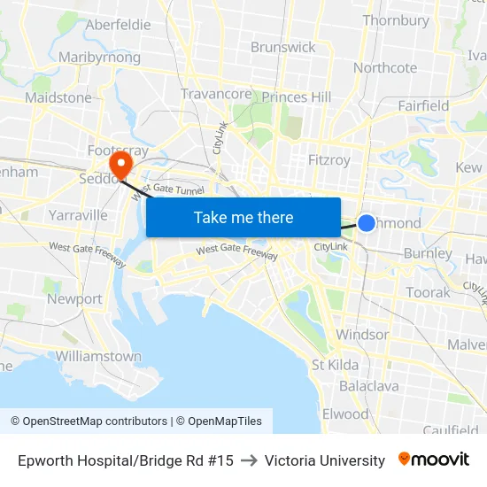 Epworth Hospital/Bridge Rd #15 to Victoria University map