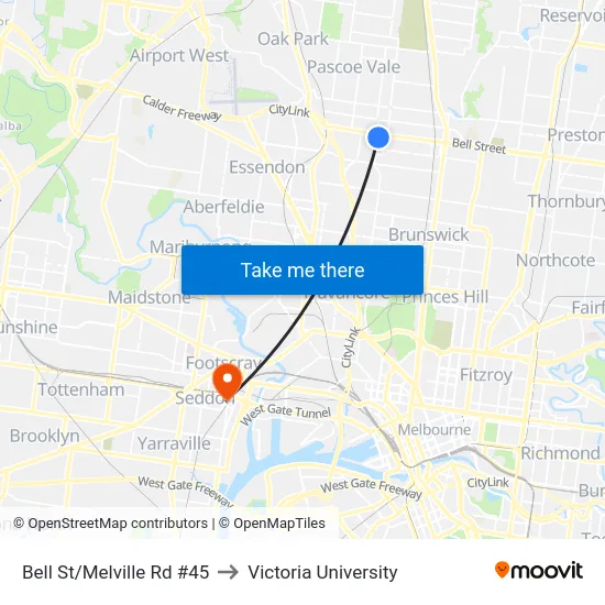 Bell St/Melville Rd #45 to Victoria University map