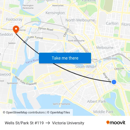 Wells St/Park St #119 to Victoria University map