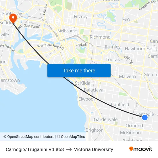 Carnegie/Truganini Rd #68 to Victoria University map