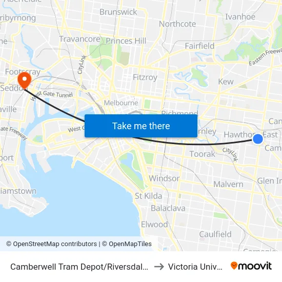 Camberwell Tram Depot/Riversdale Rd #39 to Victoria University map