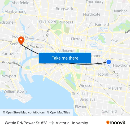 Wattle Rd/Power St #28 to Victoria University map