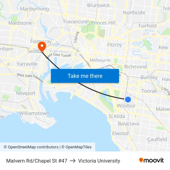 Malvern Rd/Chapel St #47 to Victoria University map