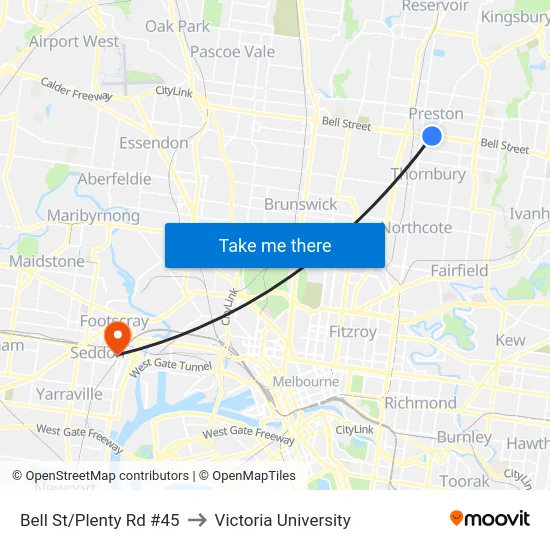 Bell St/Plenty Rd #45 to Victoria University map