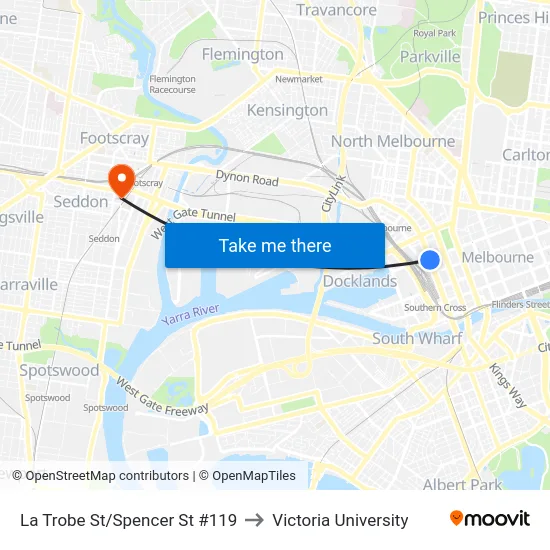 La Trobe St/Spencer St #119 to Victoria University map
