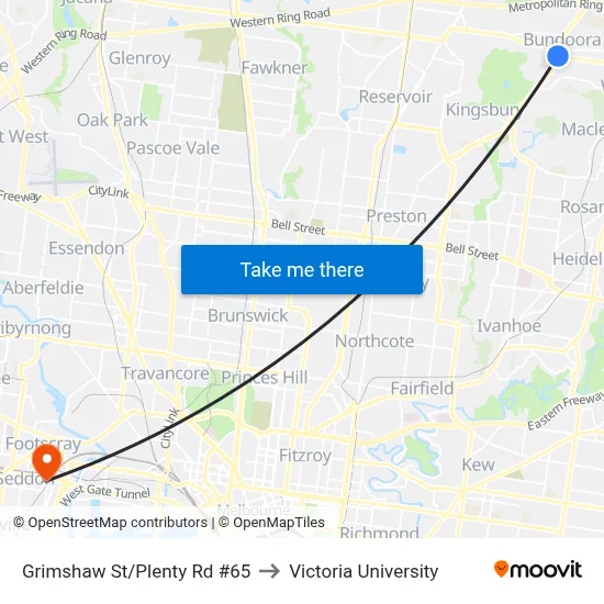 Grimshaw St/Plenty Rd #65 to Victoria University map