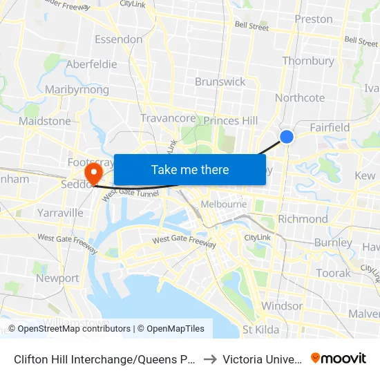 Clifton Hill Interchange/Queens Pde #25 to Victoria University map