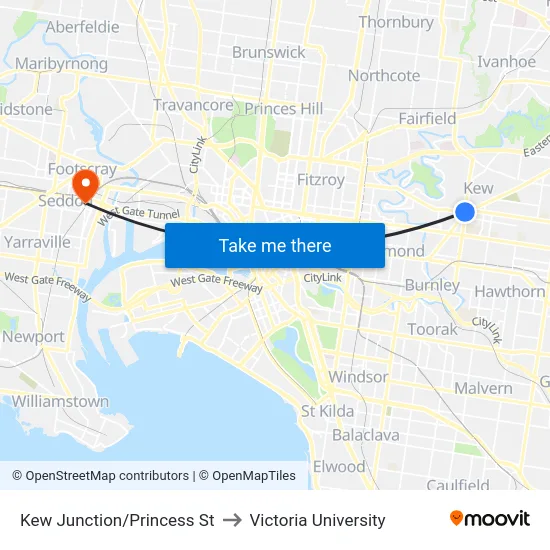 Kew Junction/Princess St to Victoria University map