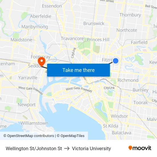 Wellington St/Johnston St to Victoria University map