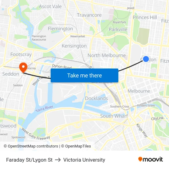 Faraday St/Lygon St to Victoria University map