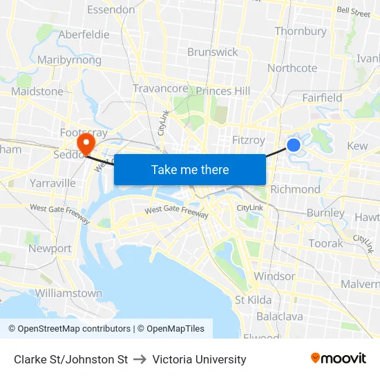 Clarke St/Johnston St to Victoria University map