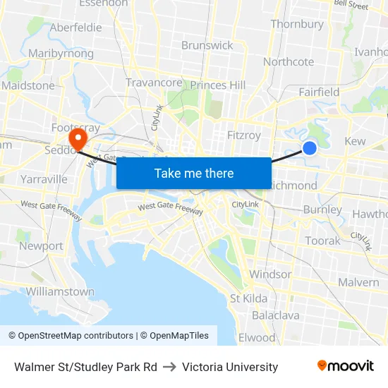 Walmer St/Studley Park Rd to Victoria University map