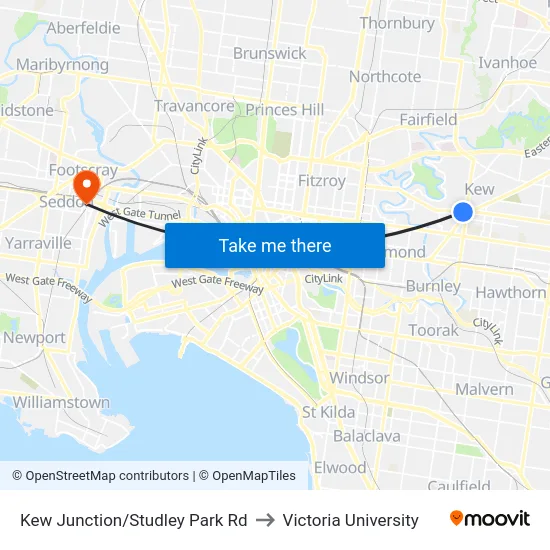 Kew Junction/Studley Park Rd to Victoria University map