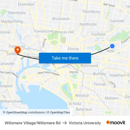Willsmere Village/Willsmere Rd to Victoria University map