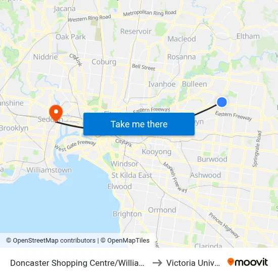 Doncaster Shopping Centre/Williamsons Rd to Victoria University map
