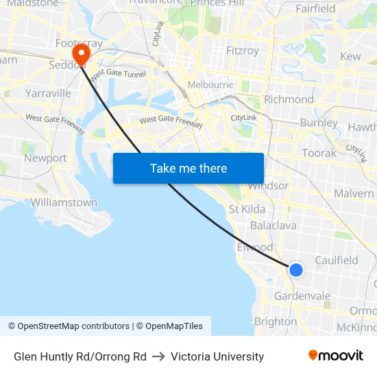 Glen Huntly Rd/Orrong Rd to Victoria University map