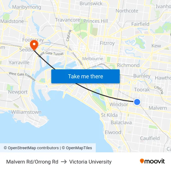 Malvern Rd/Orrong Rd to Victoria University map
