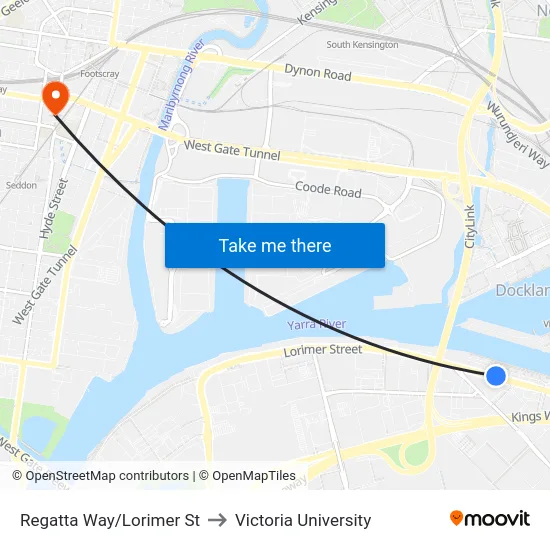 Regatta Way/Lorimer St to Victoria University map