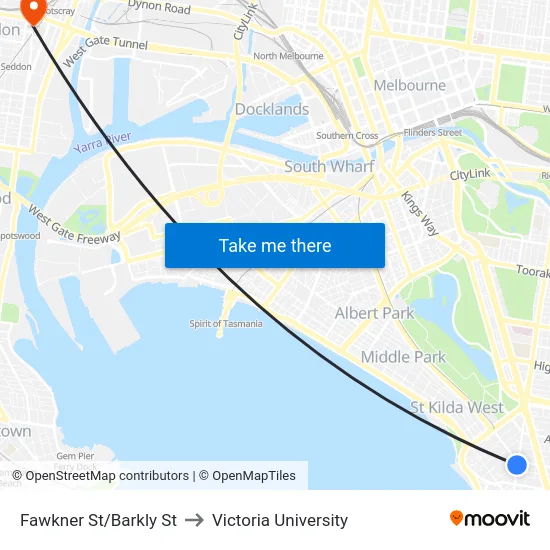Fawkner St/Barkly St to Victoria University map