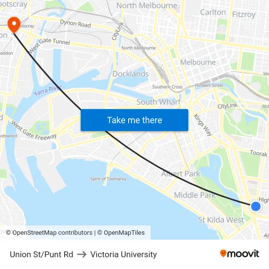 Union St/Punt Rd to Victoria University map