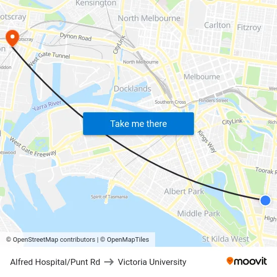 Alfred Hospital/Punt Rd to Victoria University map
