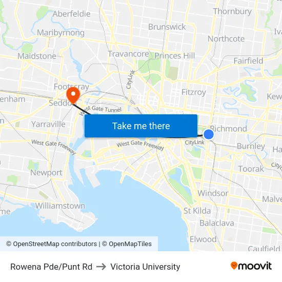 Rowena Pde/Punt Rd to Victoria University map