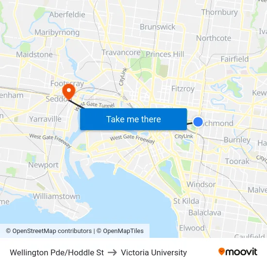 Wellington Pde/Hoddle St to Victoria University map
