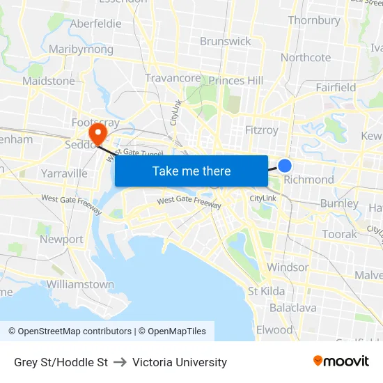 Grey St/Hoddle St to Victoria University map