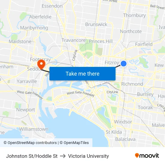 Johnston St/Hoddle St to Victoria University map