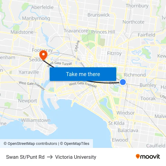 Swan St/Punt Rd to Victoria University map