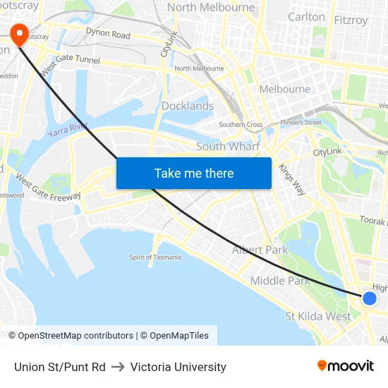Union St/Punt Rd to Victoria University map