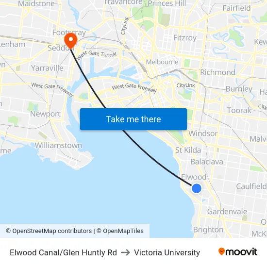 Elwood Canal/Glen Huntly Rd to Victoria University map